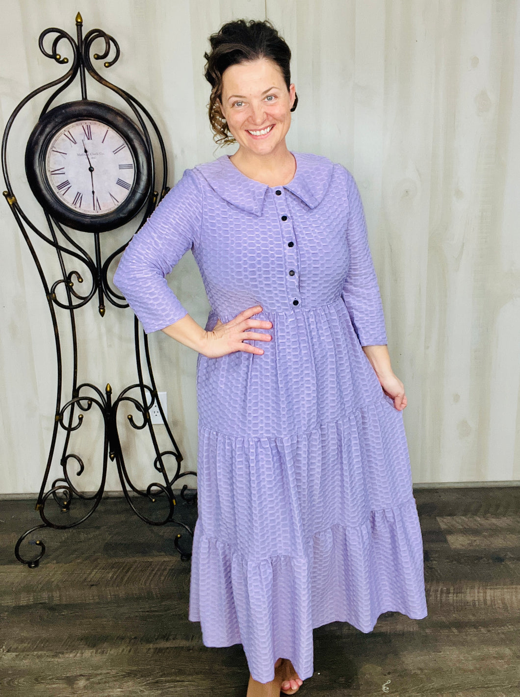 Lavender Honeycomb Buttons & Collar Dress