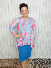 Samantha Ruffle High Low Tunic-Pink & Periwinkle Patchwork