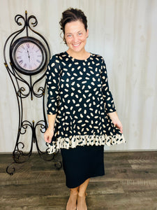 Samantha Ruffle High Low Tunic-Tan & Black Ink Blot