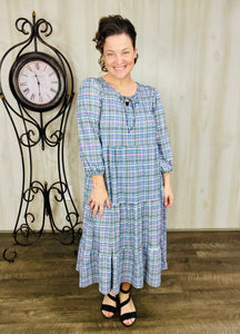 Cassie Marie Tiered Boho Style Dress-Purple & Ivory Plaid