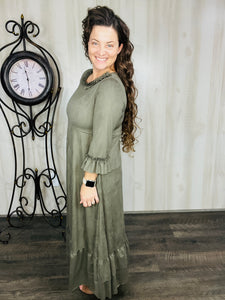 Ginger Suede Ruffle Dress- Olive