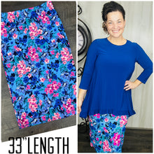 Amy Thicker Fabric Pencil Skirt- (Regular & Plus) -Multi Blue (33" Length)