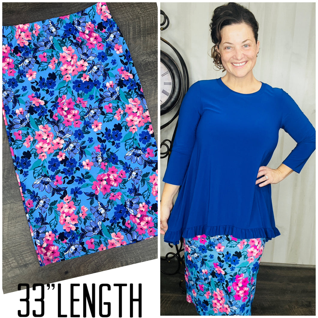 Amy Thicker Fabric Pencil Skirt- (Regular & Plus) -Multi Blue (33