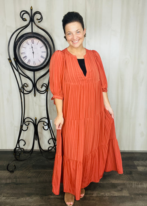 Brick Puff Sleeve Tiered Maxi Dress
