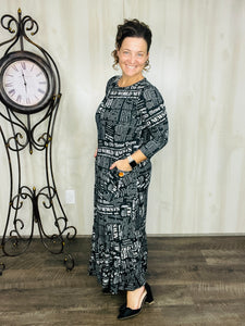 Misty Black Newsprint Button Dress