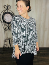 Samantha Ruffle High Low Tunic-Black & White Geometric