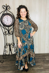 Michella High Low Dress-Teal & Animal Print