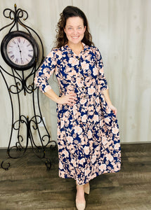 Lina Crinkle Fabric & Buttons Dress- Navy & Floral