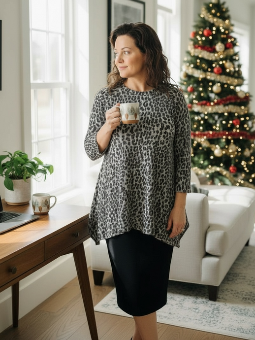 Tara Sharkbite Tunic-Gray Leopard Print