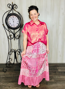 Metallic Short Sleeve Buttons Shirt-Pink or Rose Red