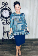Samantha Ruffle High Low Tunic-Blue Patchwork & Floral