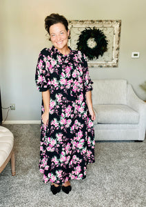 Power On The Day Dress- Black & Pink Floral
