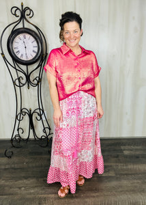 Metallic Short Sleeve Buttons Shirt-Pink or Rose Red