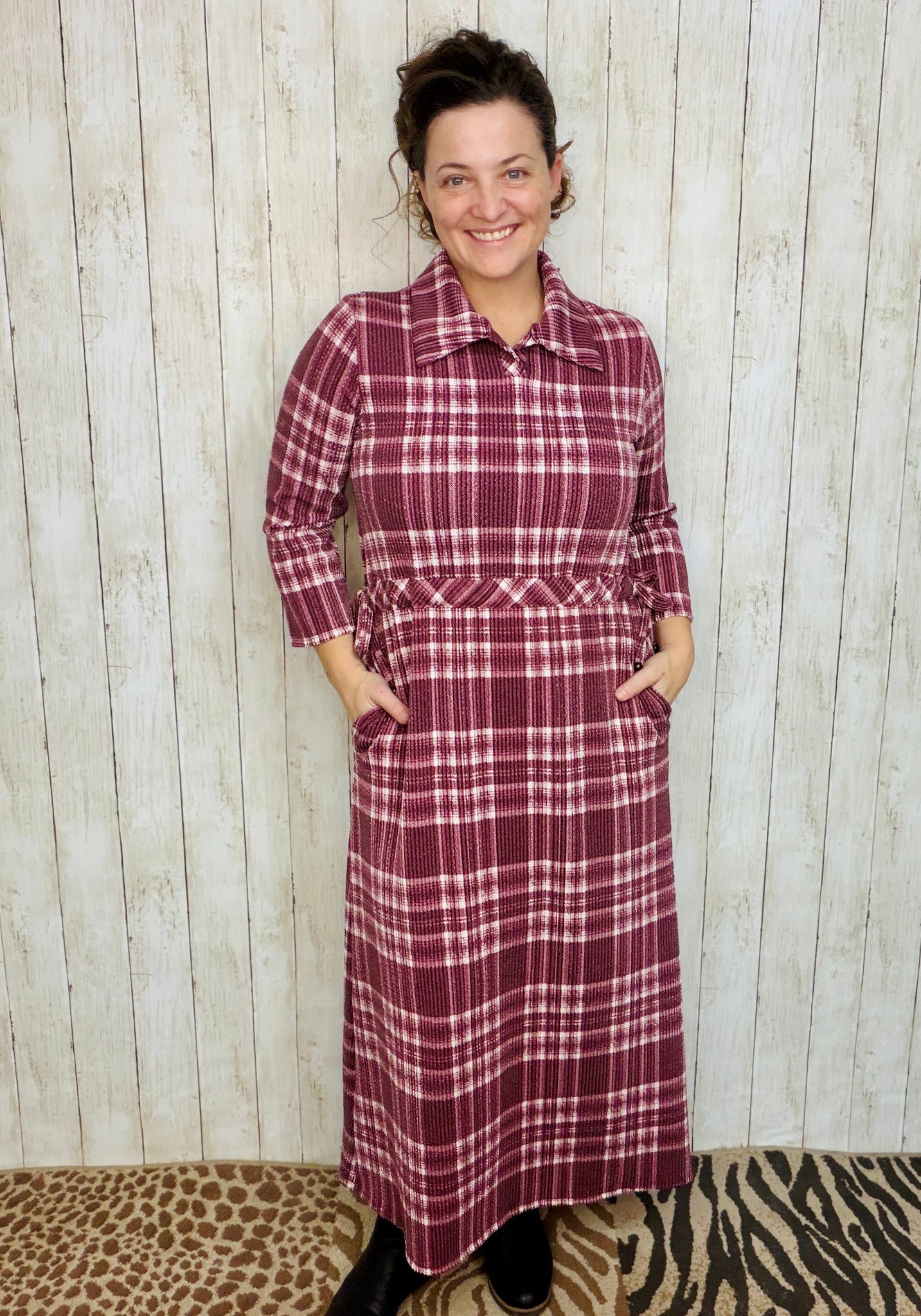 plaid burgundy dress Plaid Mock Neck Dress