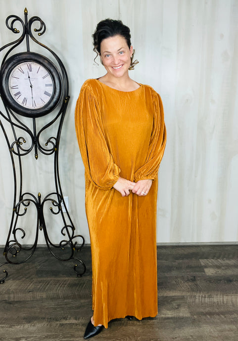 Brown Long Puff Sleeve Dress- PLUS