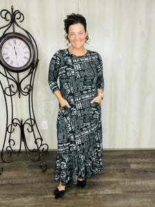 Misty Black Newsprint Button Dress