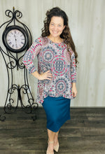 Samantha Ruffle High Low Tunic- Blue & Pink Geometric
