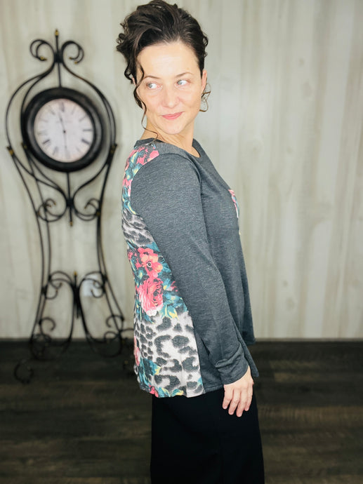 Charcoal & Floral Print Top