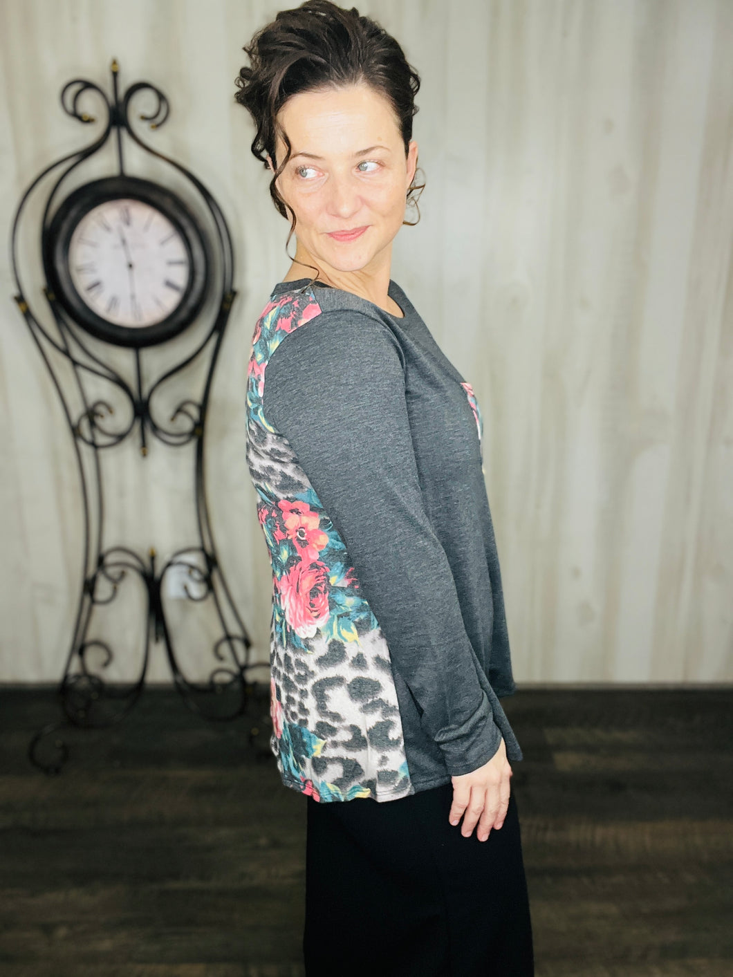 Charcoal & Floral Print Top