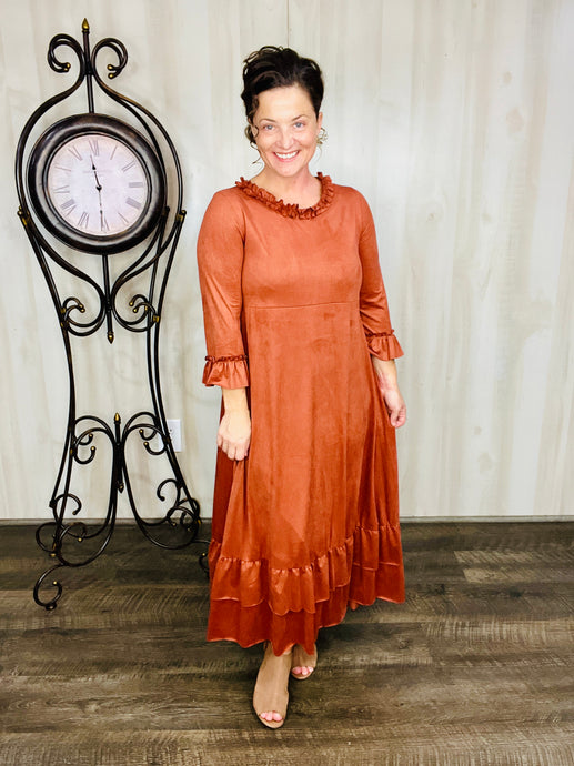 Ginger Suede Ruffle Dress- Copper Bronze