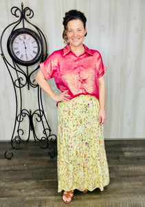 Metallic Short Sleeve Buttons Shirt-Pink or Rose Red
