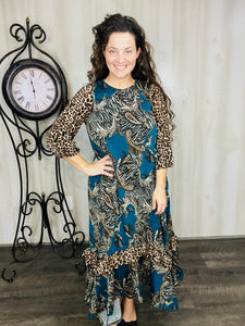 Michella High Low Dress-Teal & Animal Print