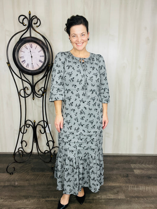 Rena Charcoal & Ditsy Floral Print Dress