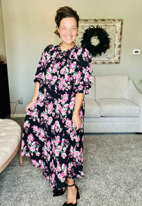 Power On The Day Dress- Black & Pink Floral