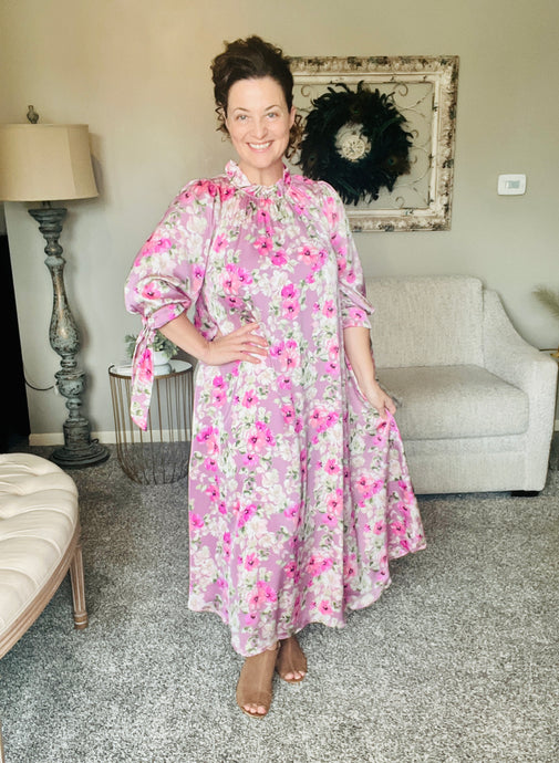 Power On The Day Dress- Satin Pink Floral