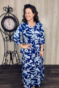 Amanda Royal Blue & Floral Ruffle Dress