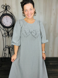 Mandy Pinstripe & Bow Dress- Charcoal