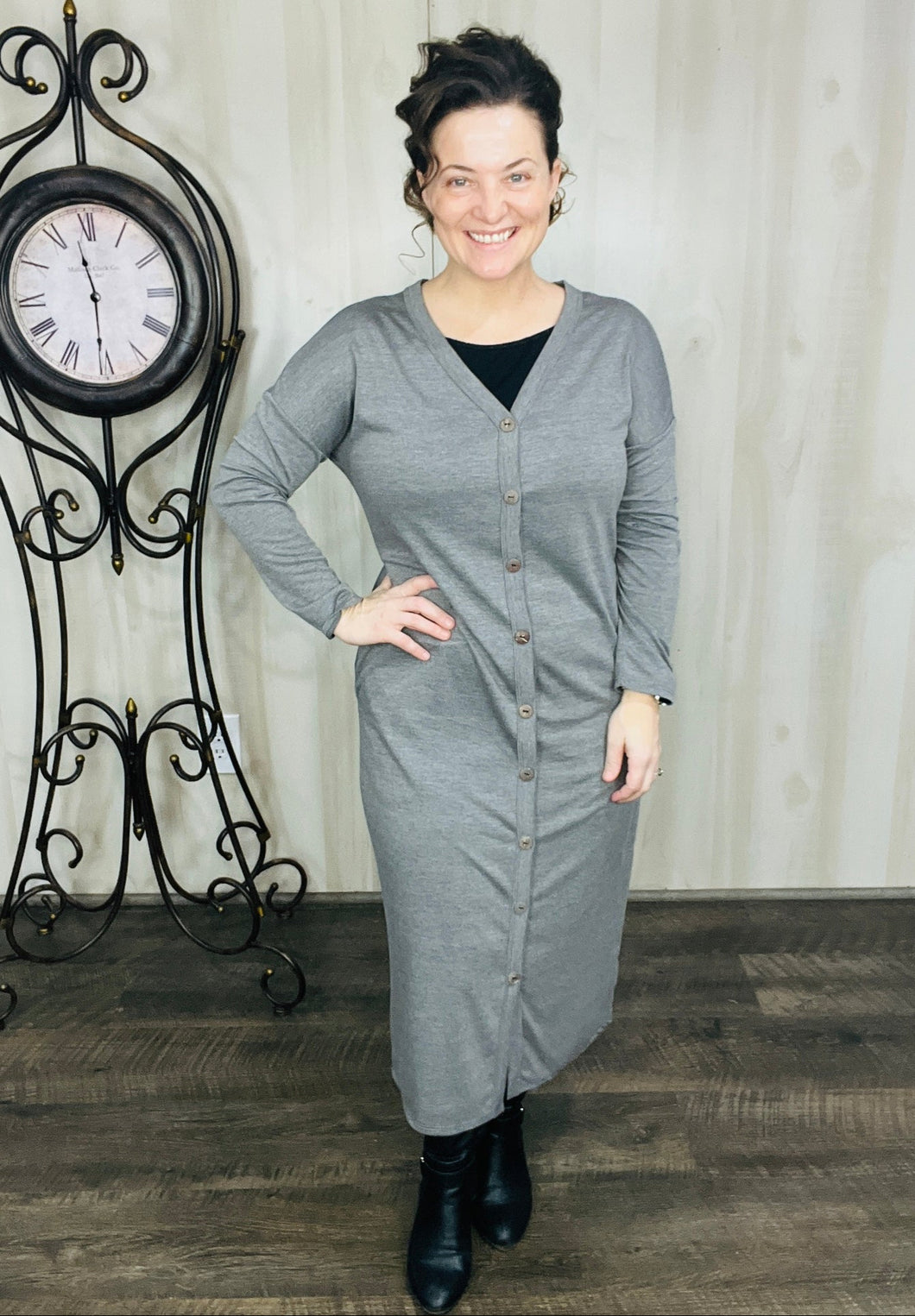 Melissa Charcoal Button Front Midi Dress