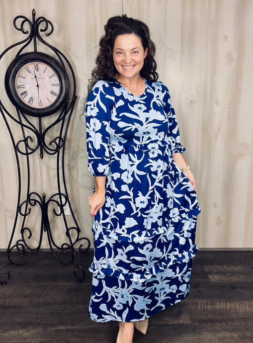 Amanda Royal Blue & Floral Ruffle Dress