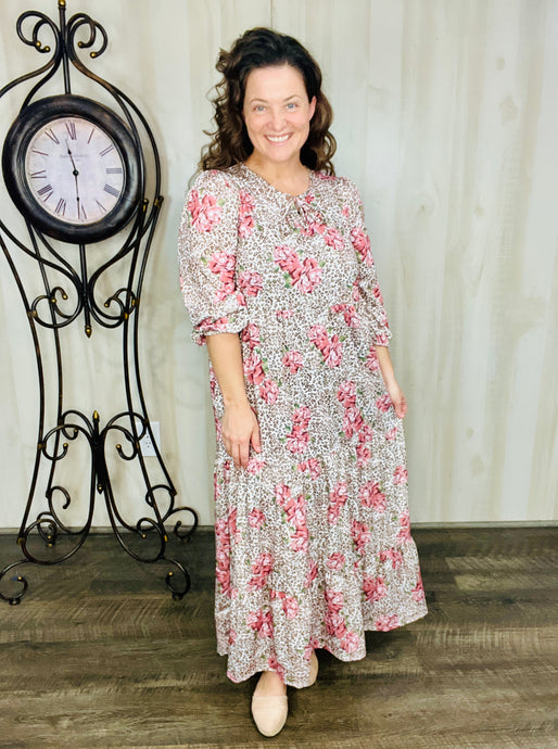 Cassie Tiered Boho Style Dress: Mauve & Leopard