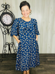 Mandy Animal Print & Bow Dress- Navy