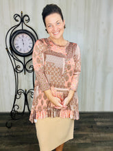Samantha Ruffle High Low Tunic-Peach & Brown Floral