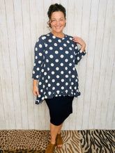 Samantha Ruffle High Low Tunic-Navy Polkadot
