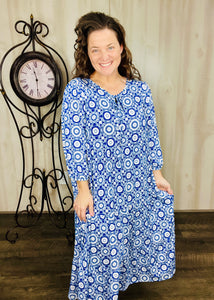 Cassie Marie Tiered Boho Style Dress-Blue Geometric