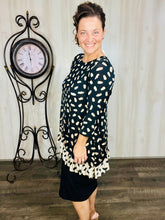 Samantha Ruffle High Low Tunic-Tan & Black Ink Blot