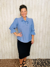 Lillian Bow Front Top- Blue & Ivory Striped