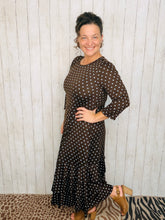 Brown & Blue Polkadot Dreams Ruffle Hem Dress