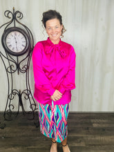 Mindy Satin Style Button Down Blouse- Hot Pink