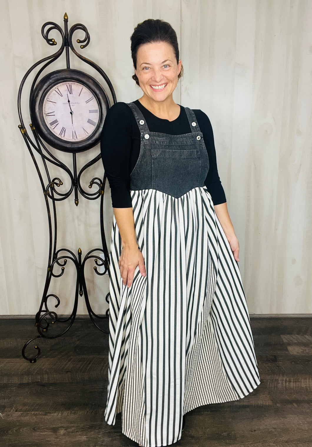 Striped Overall Dress- Black & White