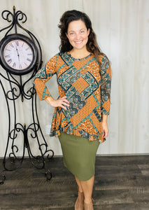 Samantha Ruffle High Low Tunic-Rust & Olive