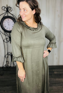 Ginger Suede Ruffle Dress- Olive