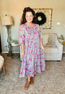 Cassie Marie Tiered Boho Style Dress-Floral & Leopard