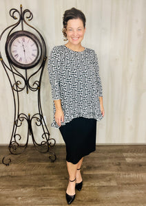 Samantha Ruffle High Low Tunic-Black & White Geometric
