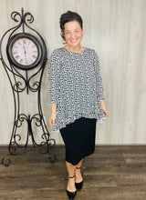 Samantha Ruffle High Low Tunic-Black & White Geometric