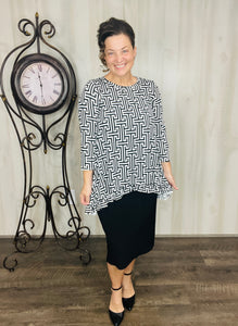 Samantha Ruffle High Low Tunic-Black & White Geometric