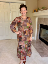 Kara Ruffle Dress- Rust, Brown & Olive